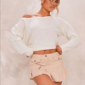 PrettyLittleThing White Off-the-Shoulder Cropped Knit Sweater